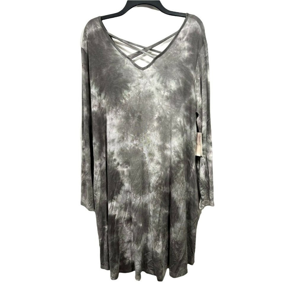 A‎ Beautiful Soul Tie Dye Tunic Dress Dusty Olive Stretch Knit V-Neck L/S NWT